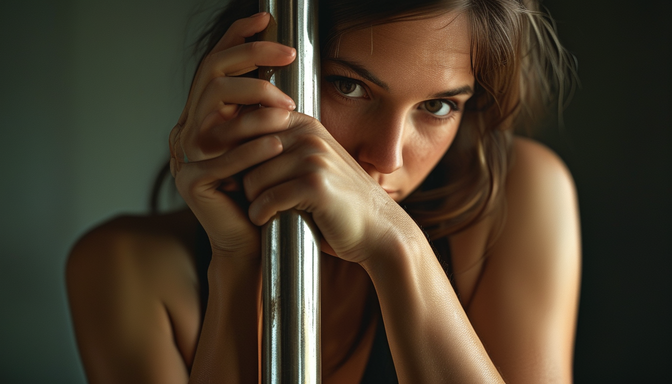 Close-up of a woman gripping a pole strongly